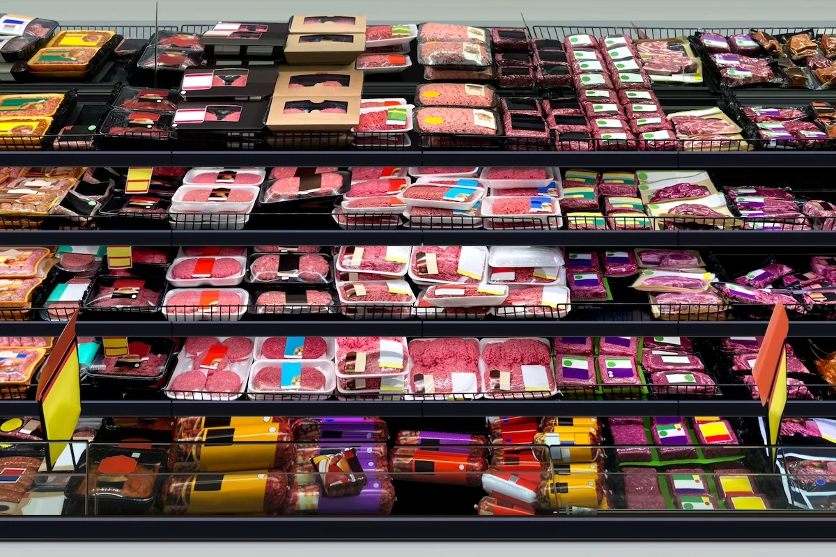 Süpermarket raflarında siyah zemin üzerinde sıralanmış kırmızı kıyma paketleri