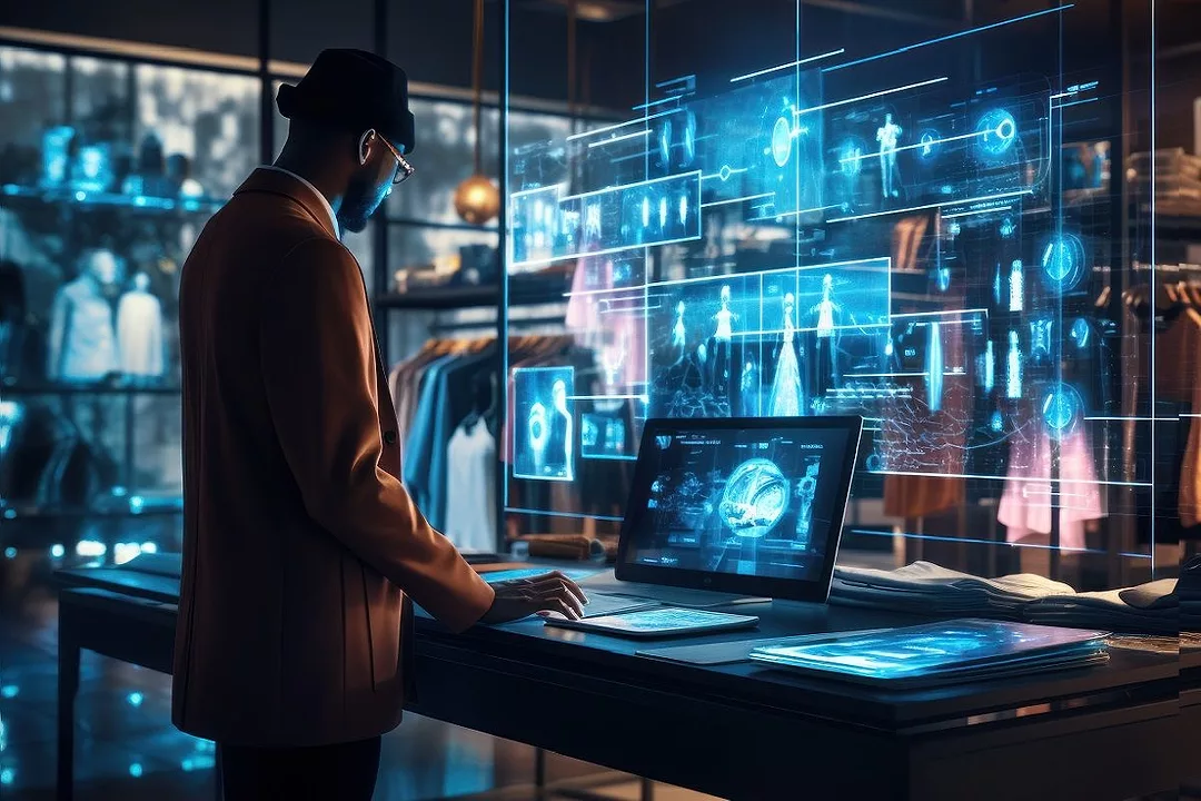 A MAN IN AN ORANGE JACKET TYPES ON A LAPTOP IN FRONT OF A GLEAMING BANK OF SCREENS