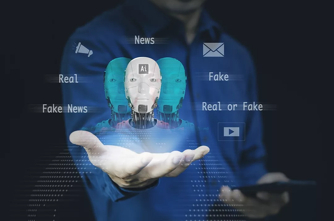 A GRAPHIC SHOWING AN OUTSTRETCHED HAND UNDER THREE MANNEQUIN HEADS, SURROUNDED BY TERMS SUCH AS FAKE NEWS