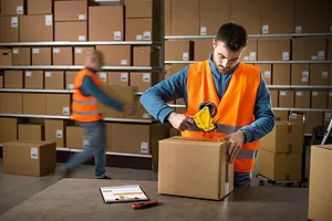 A WORKER IN A HI-VIS VEST TAPES SHUT A CARDBOARD BOX IN A WAREHOUSE FULL OF STACKED CARDBOARD BOXES