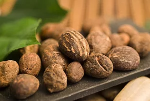 A black granite slab holding a pile of round brown nuts