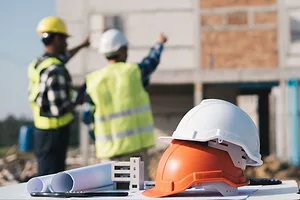 A white construction helmet and an orange one stacked on top of each other next to rolls of paper, with two men in yellow safety vests pointing toward a building in the background