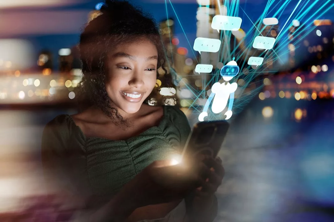 A woman interacts with smart phone with futuristic transparent screen displaying chatbot and text clouds
