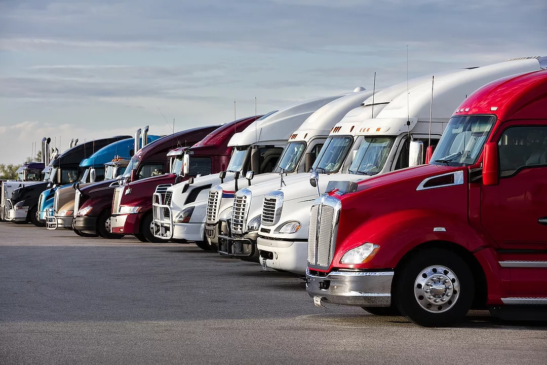 A row of semi-truck cabs, with a red truck in the foreground, parked next to four white trucks, two more red ones, and three blue ones
