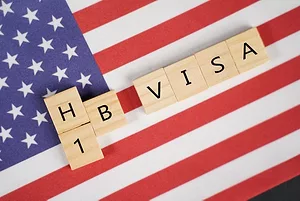 "h-1b visa" spelled out in wooden tiles on top of an American flag