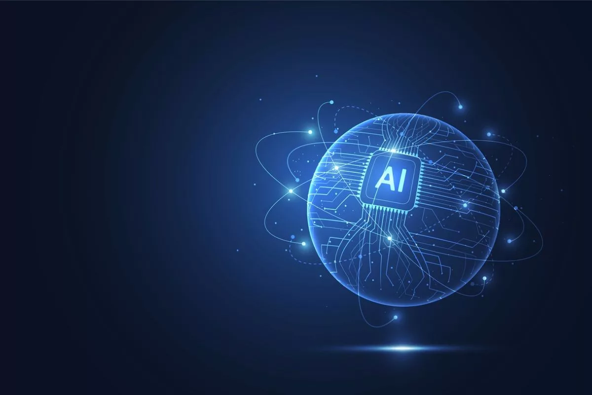 Merkezde AI harfleri olan, mavi ışık çizgilerinin oluşturduğu bir küre şekli