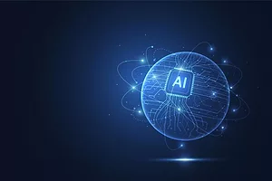 GLEAMING LINES OF BLUE LIGHT FORM THE SHAPE OF A GLOBE, WITH THE LETTERS AI AT THE CENTER