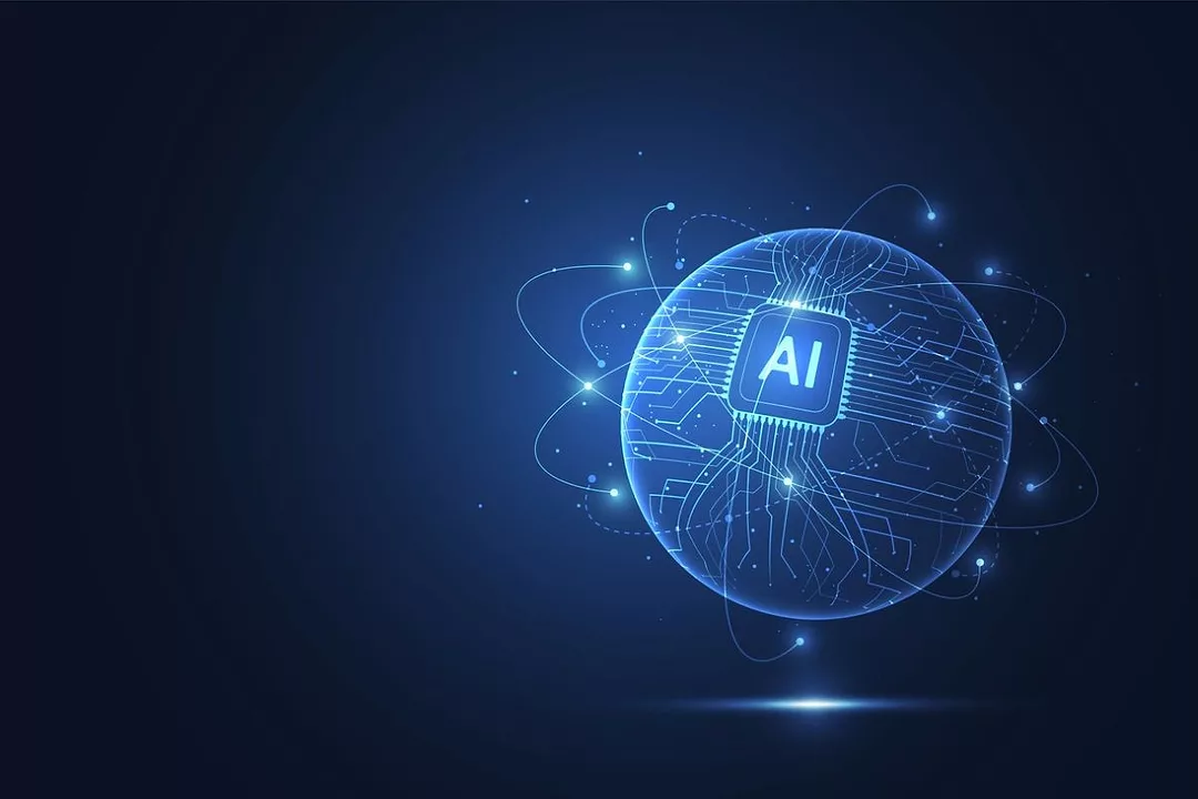 GLEAMING LINES OF BLUE LIGHT FORM THE SHAPE OF A GLOBE, WITH THE LETTERS AI AT THE CENTER