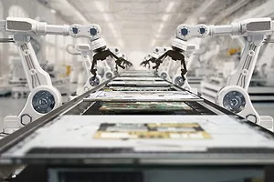 A row of white robotic arms arranged along a conveyor belt in a large white room