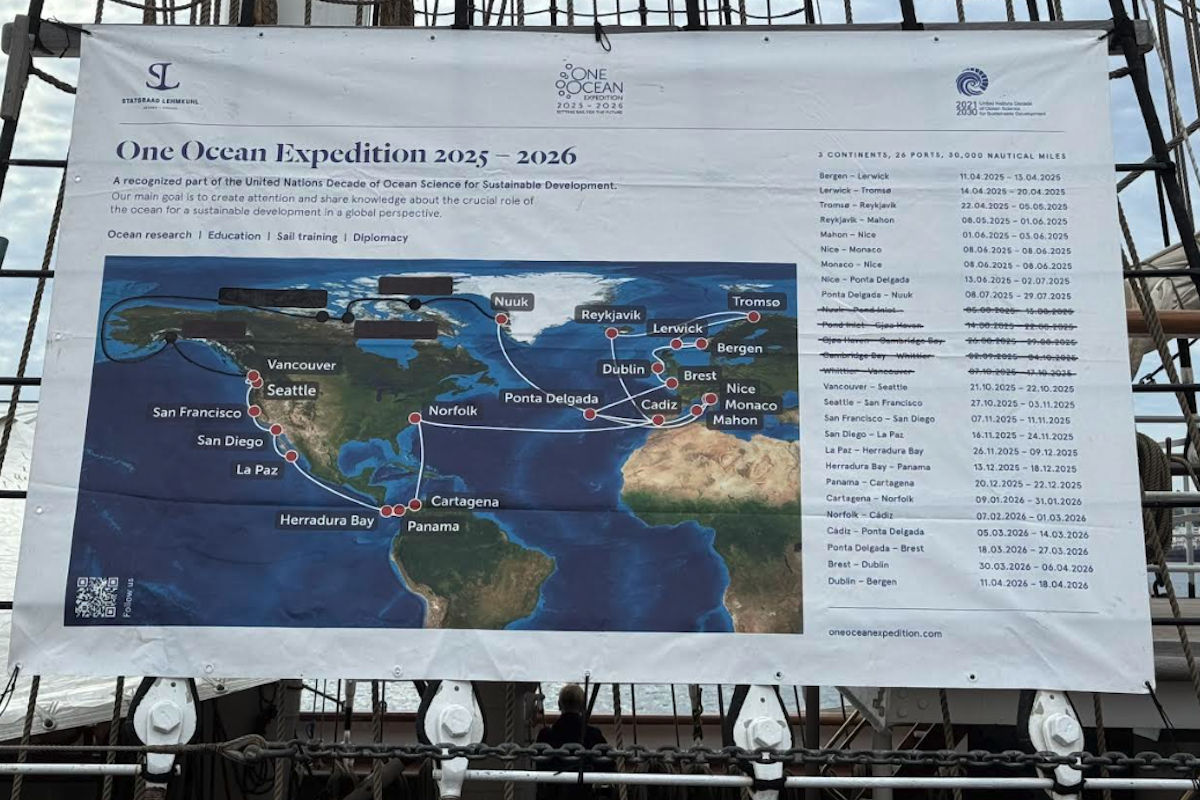 A poster depicting a world map with red lines drawn between cities, which are all listed on the right