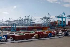 VIEW OF A BUSY PORT, WITH CRANES IN THE BACKGROUND AND LINES OF TRUCKS IN THE FOREGROUND
