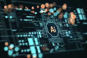 A digital visualization, with a blue circle that reads "AI" in gold lettering, surrounding by a web of blue lines that branch outwards