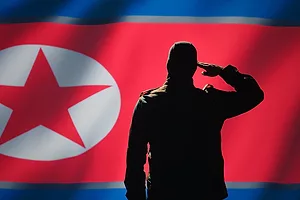 A FIGURE SALUTES IN FRONT OF A NORTH KOREAN FLAG