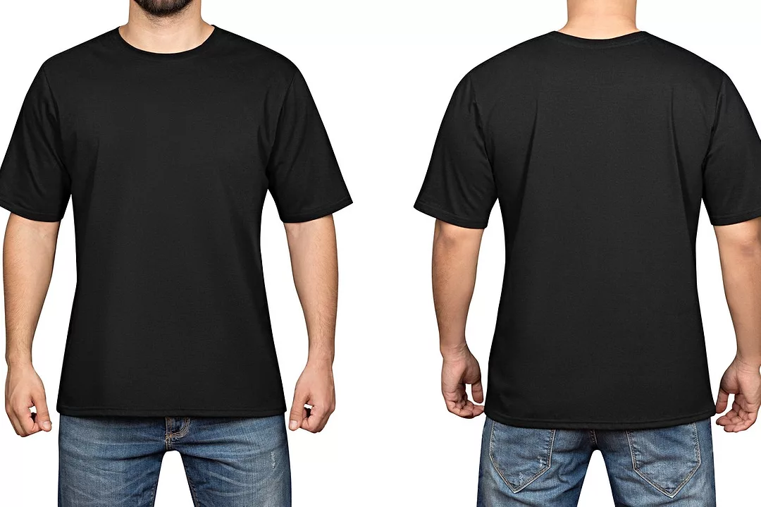 A MAN WEARING A BLACK TEE SHIRT IS PICTURED FROM THE FRONT AND BEHIND