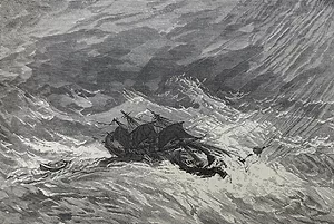A BLACK AND WHITE ILLUSTRATION OF A SAILING SHIP SWAMPED IN VIOLENT SEAS