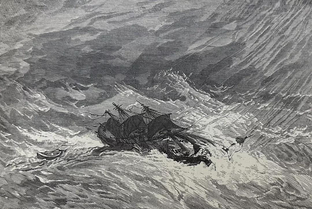 A BLACK AND WHITE ILLUSTRATION OF A SAILING SHIP SWAMPED IN VIOLENT SEAS
