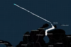 A map of the northern edge of South America with a white line drawn from the Gulf of Mexico to Venezuela along the coast