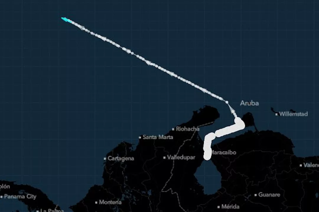 A map of the northern edge of South America with a white line drawn from the Gulf of Mexico to Venezuela along the coast