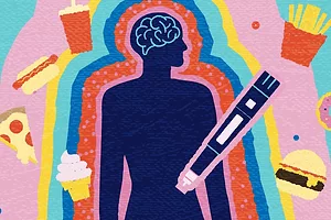 An illustration of a person's silhouette, surrounded by images of pizza, french fries, and other junk food, as well as a blue syringe
