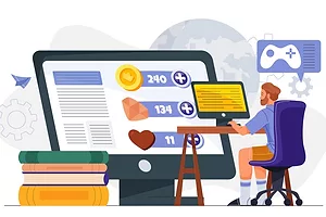 A GRAPHIC OF A MAN SITTING AT A COMPUTER WITH EXAGERRATED SCORE ICONS