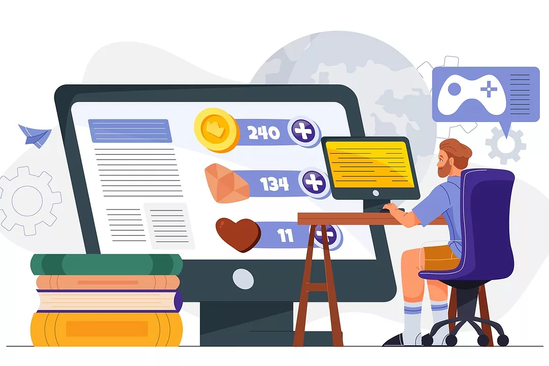 A GRAPHIC OF A MAN SITTING AT A COMPUTER WITH EXAGERRATED SCORE ICONS