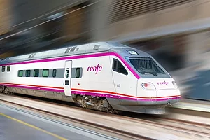 Modern hi-speed passenger train of Spanish Railways Company - Renfe, in movement 