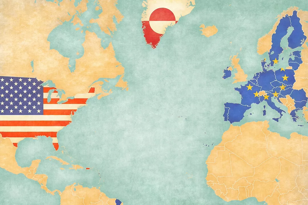 A world map, with the U.S. flag interposed over the United States, the Greenland flag over Greenland, and the EU flag over Europe