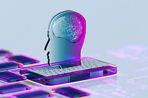 THE OUTLINE OF A HUMAN HEAD EMERGES FROM A COMPUTER KEYBOARD