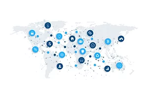 A MAP OF THE WORLD COVERED IN ICONS CONNECTED BY LINES