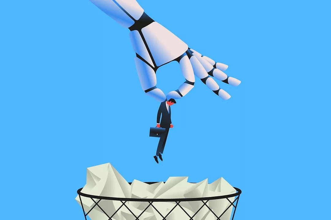 A graphic of a giant robot throwing man in a trash can