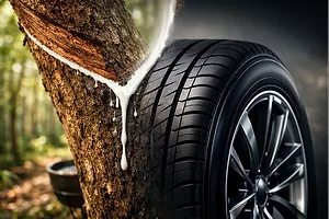 A PHOTO MONTAGE SHOWS AN AUTOMOBILE TIRE NEXT TO A RUBBER TREE PRODUCING SAP