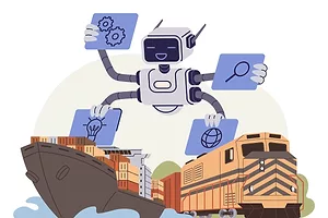 A cartoon of a large white robot with four arms above a brown container ship and a yellow freight train
