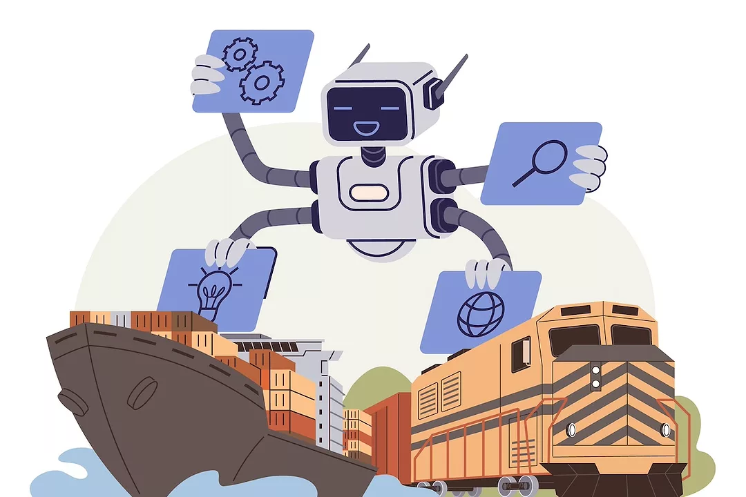A cartoon of a large white robot with four arms above a brown container ship and a yellow freight train