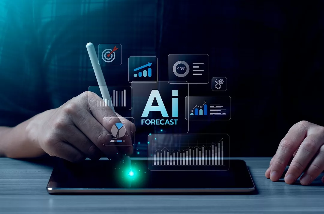 A worker accesses AI-powered business forecast and predictive analytics using digital tablet and stylus pen