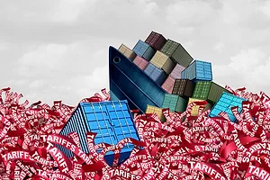A blue container ship stacked with multi-colored containers sinking into an ocean of red tape that reads "tariffs"