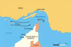 A map depicting the Strait of Hormuz, a waterway along the southern coast of Iran and the northern coast of the UAE.