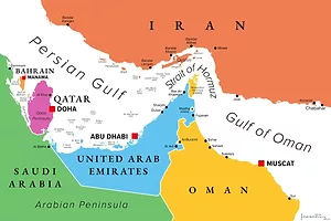 A map depicting the Strait of Hormuz, along Iran's southern coast and the northern cost of the UAE, Saudi Arabia, and Oman