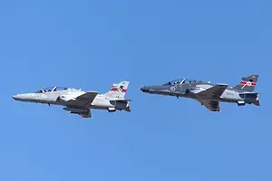 TWO GREY FIGHTER PLANES IN FLIGHT AGAINST A BLUE SKY