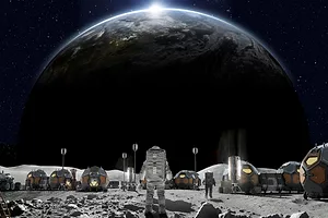 An astronaut on the surface of the moon, surrounded by hexagonal tents, looking at the Earth as the sun rises over the planet's horizon