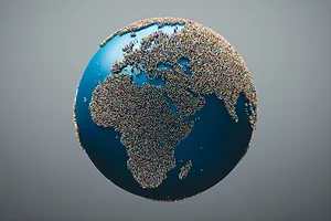 People forming landmasses on a globe of the earth