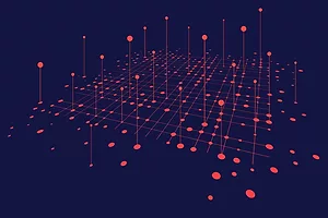 A GRAPHIC SHOWING A THREE-DIMENSIONAL ARRANGEMENT OF RED DOTS AND LINES