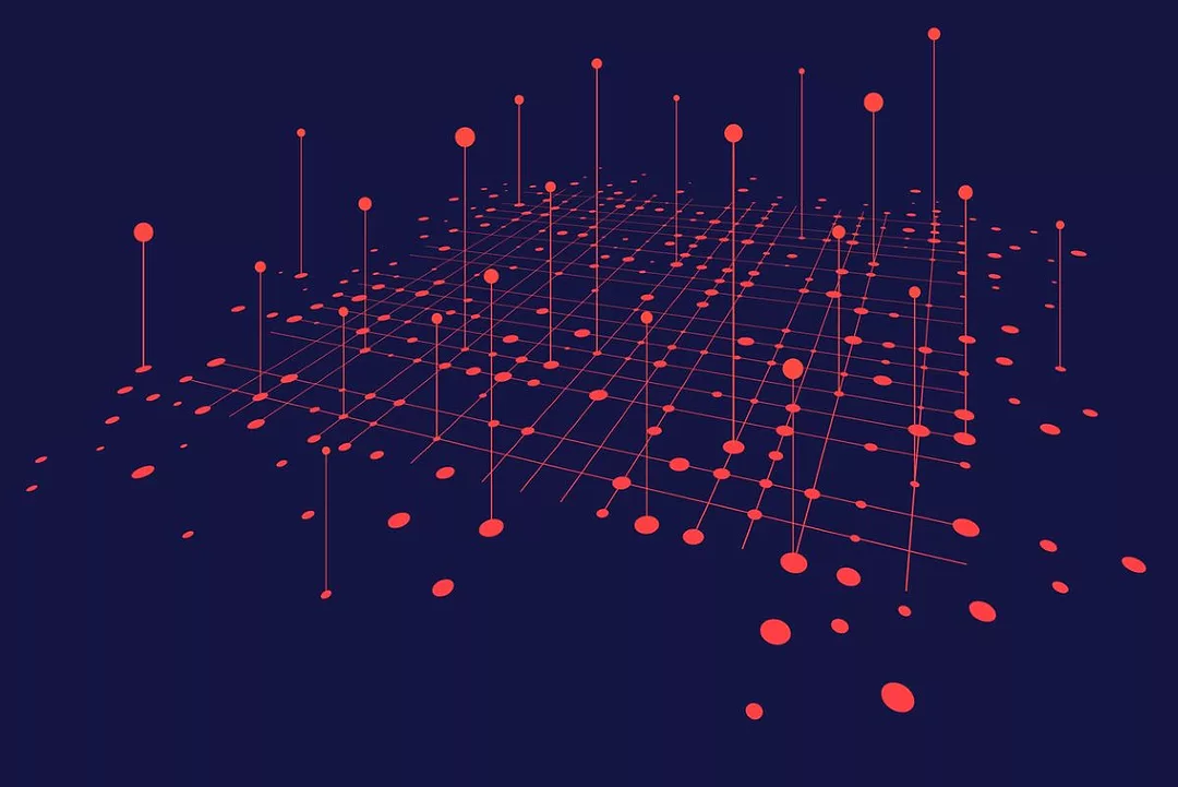 A GRAPHIC SHOWING A THREE-DIMENSIONAL ARRANGEMENT OF RED DOTS AND LINES