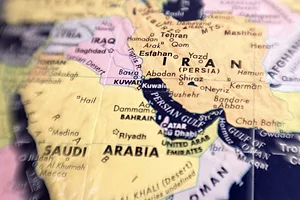 A map of the Middle East, showing Iran, Saudi Arabia, and Iraq