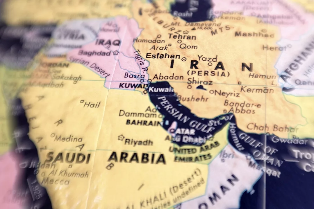 A map of the Middle East, showing Iran, Saudi Arabia, and Iraq