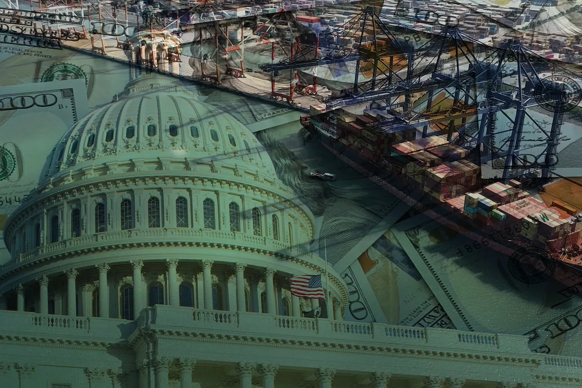 The U.S. Capitol Building juxtaposed against hundred-dollar bills and a container ship docked at a port
