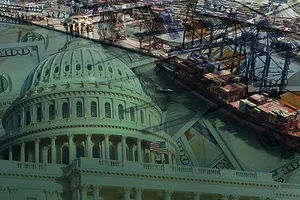 The U.S. Capitol Building juxtaposed against hundred-dollar bills and a container ship docked at a port
