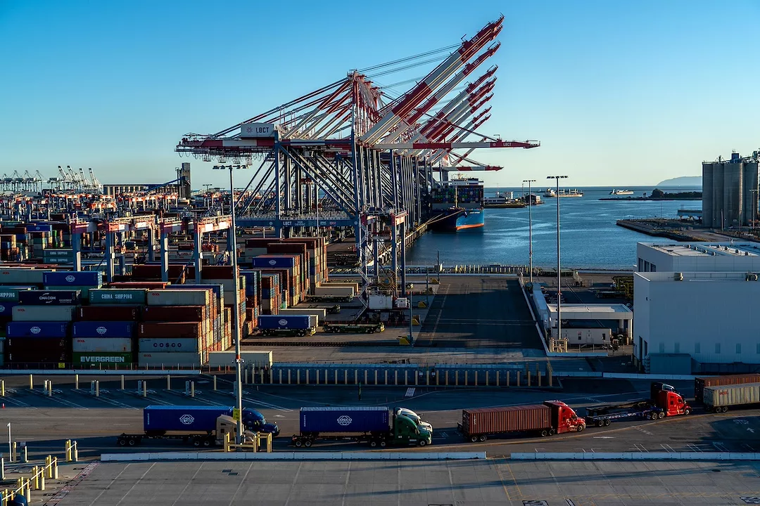 Rows of red and white shipping cranes along a port stacked with containers