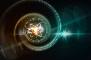 Futuristic Atomic Structure with Glowing Electron Orbits on Dark Background 