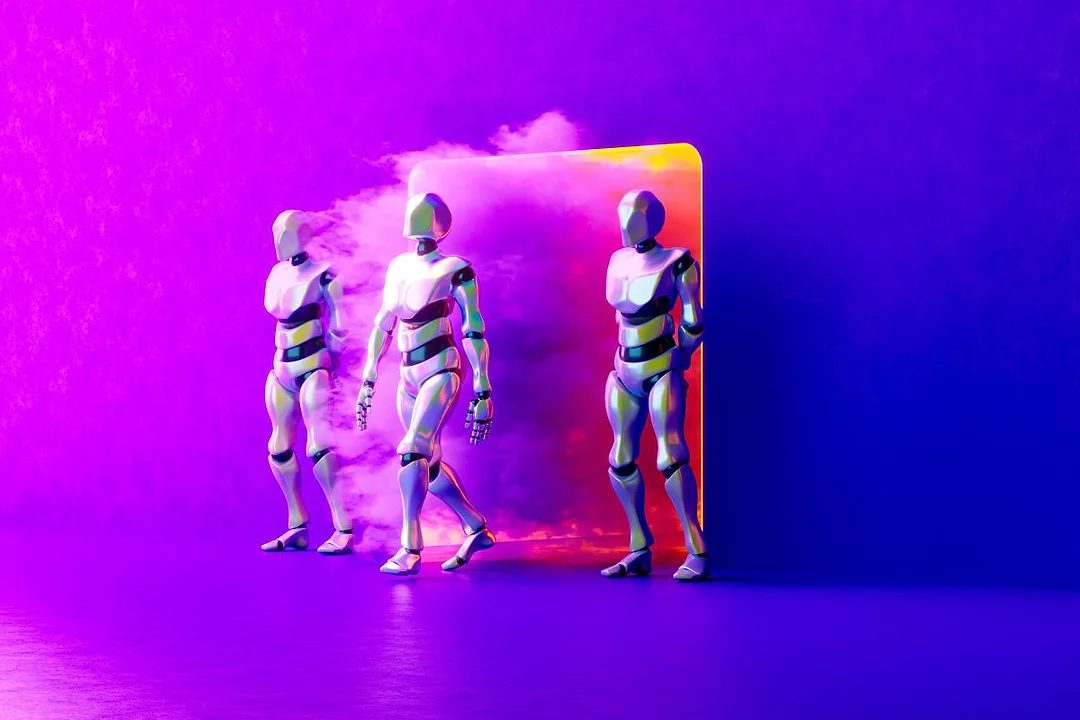 AI Robots emerge from a Neon-Lit Door