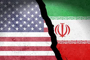 Flag of USA and Iran painted on a concrete wall